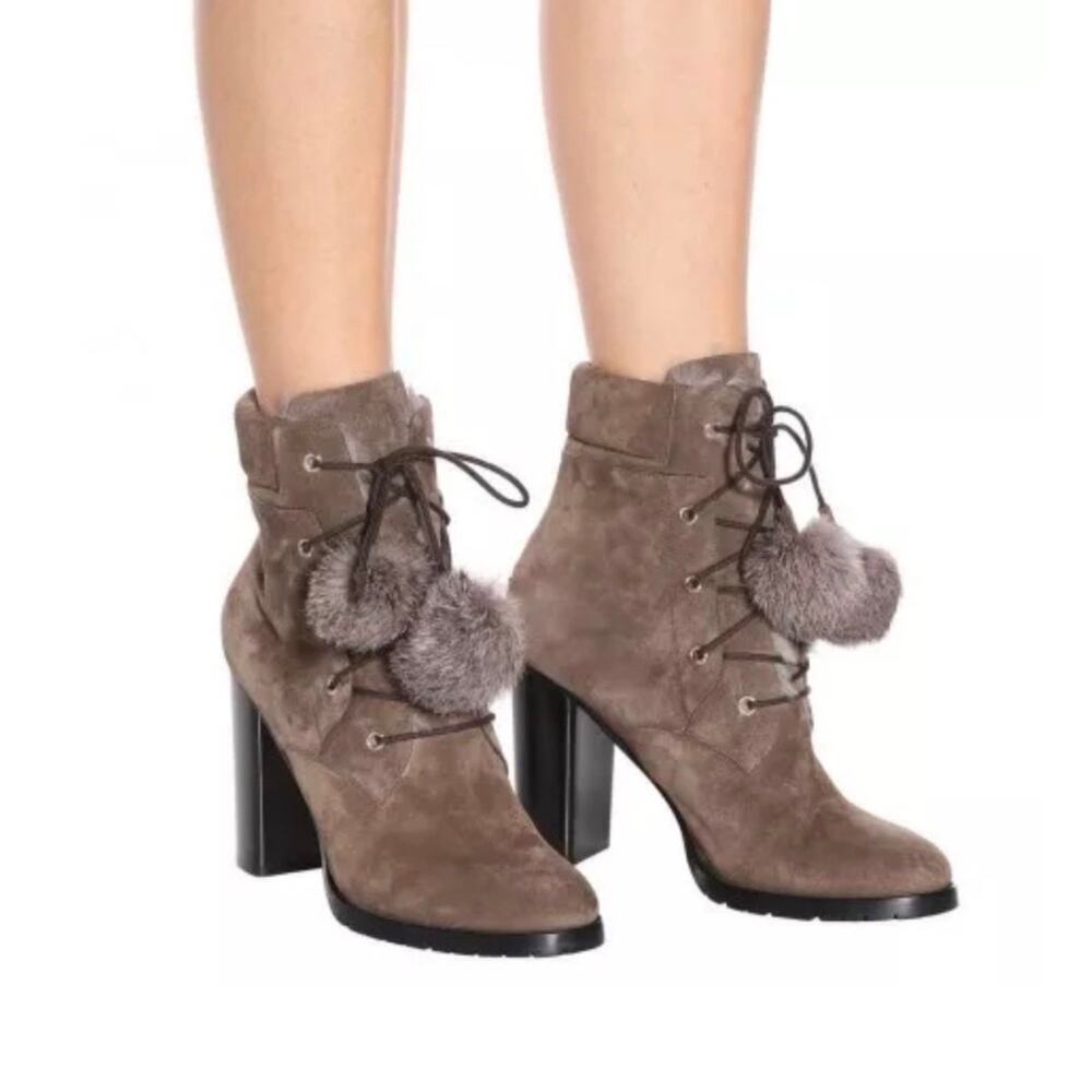 JIMMY CHOO ELBA Pom Pom Genuine Rabbit Fur Ankle Boot EU 39.5/US 9 Mink Suede